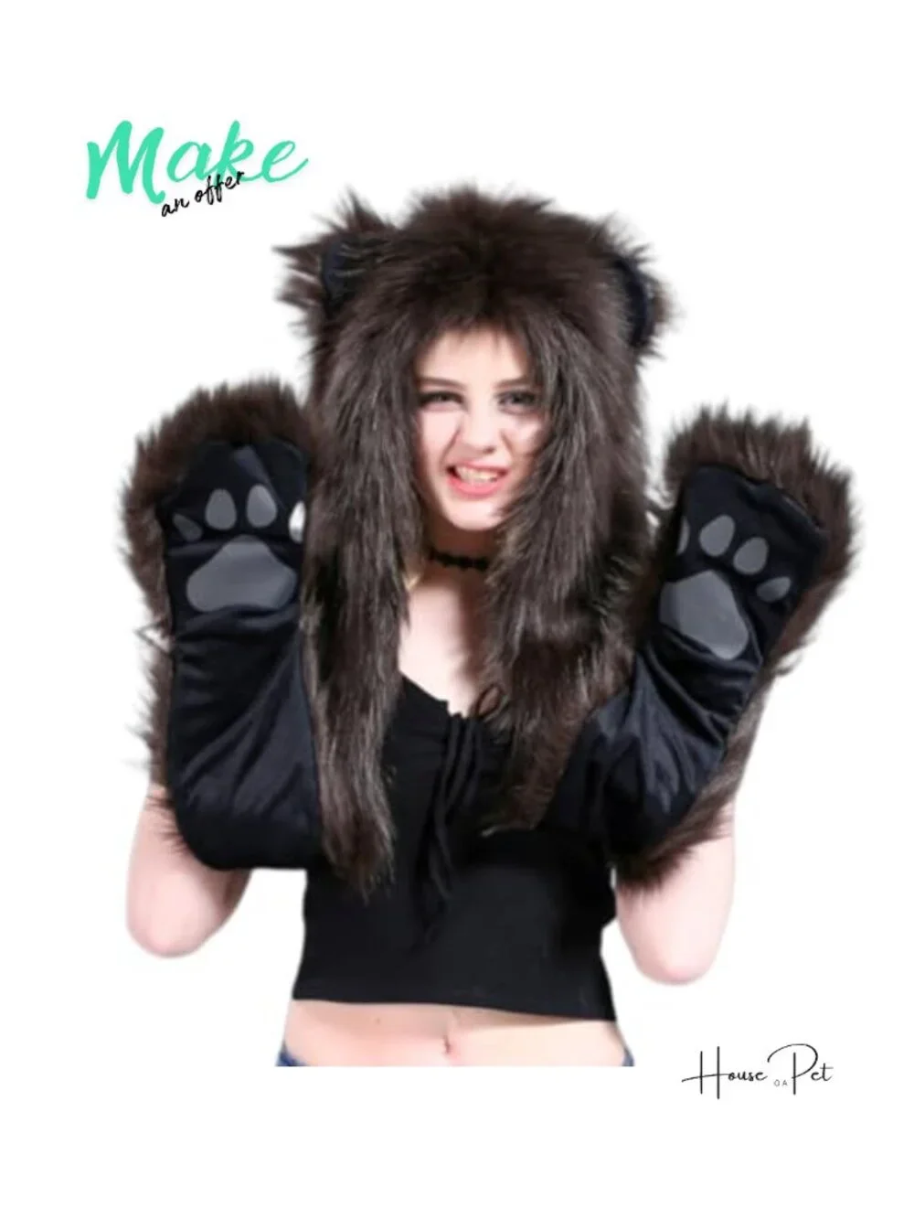 Faux Fur Animal Hood 3-in-1 Winter Scarf Gloves Set with Ears Paws